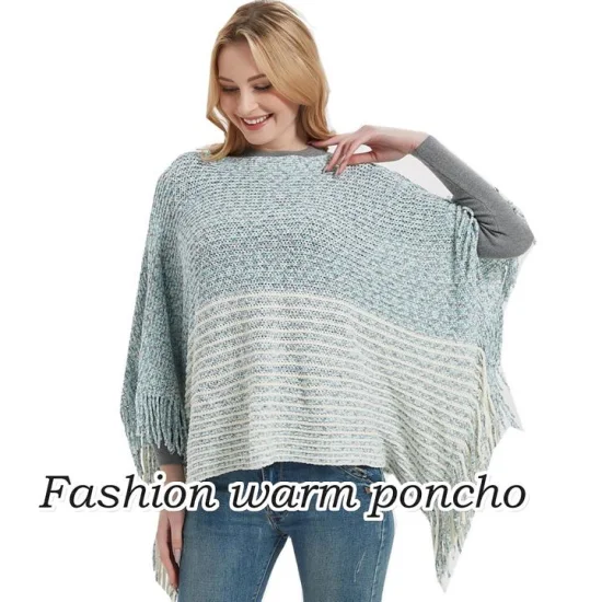 Übergroßer warmer Poncho-Umhang mit Streifenmuster und dickem Schal für Damen